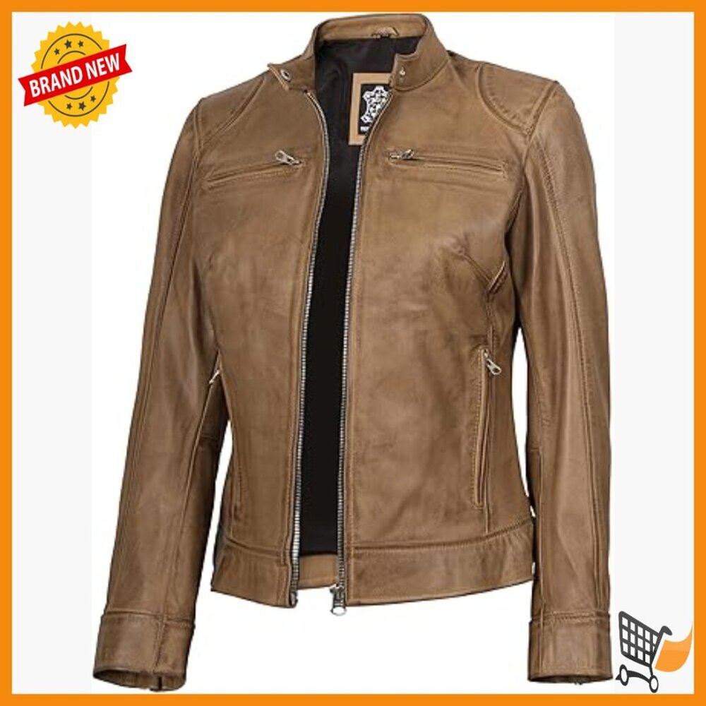 Real Lambskin Leather Jacket Women Fitted Long Sleeve Band Collar